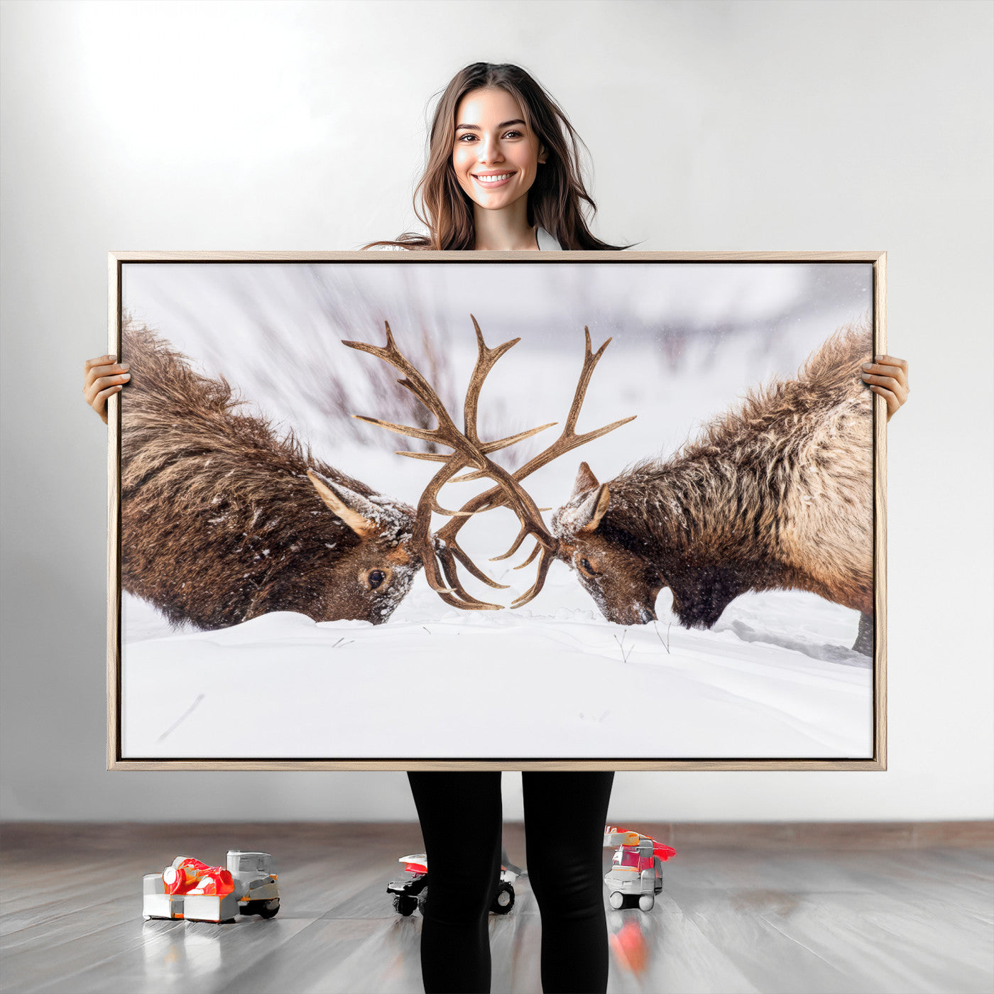 36507609-MGV-CV-36X24-Elk Clash Scene Wall Art Canvas Print, Framed Wildlife Strength Decor Art Picture Print, Snowy Forest Elk Perfect Rustic Lodge