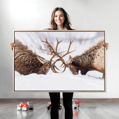 36507609-MGV-CV-36X24-Elk Clash Scene Wall Art Canvas Print, Framed Wildlife Strength Decor Art Picture Print, Snowy Forest Elk Perfect Rustic Lodge