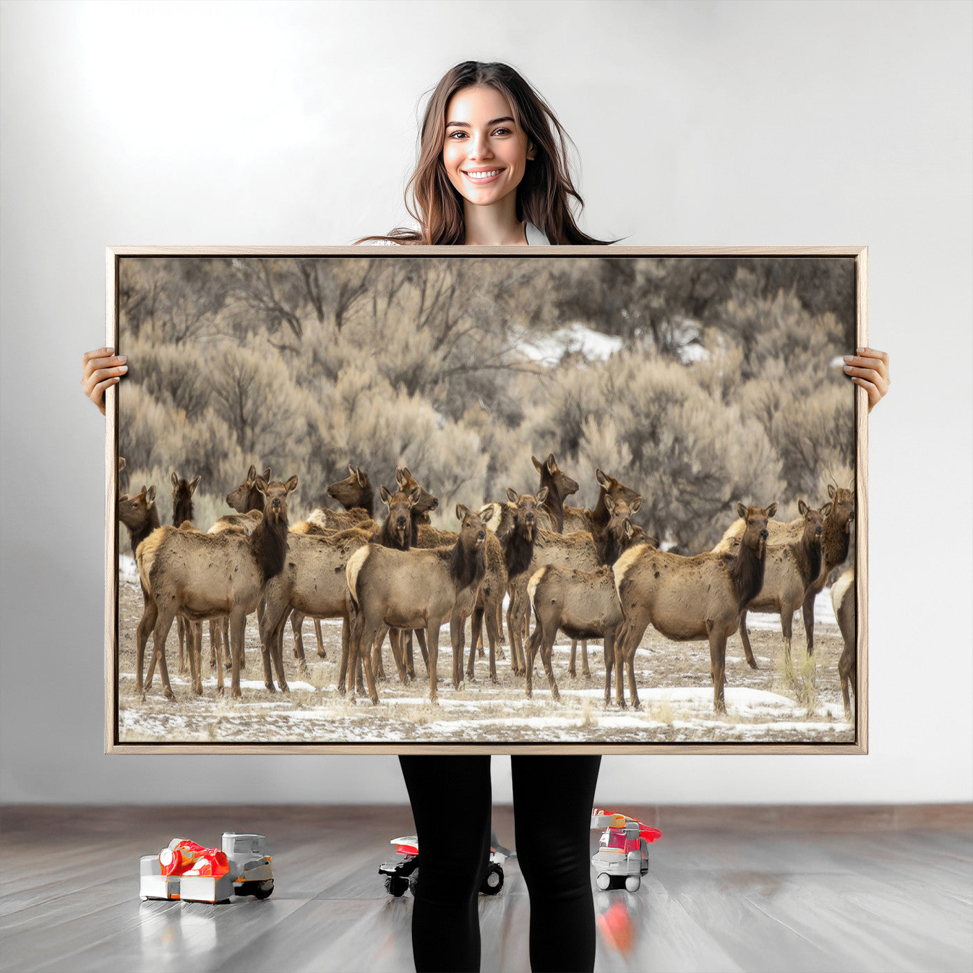 90269422-MGV-CV-36X24-Elk Herd Scene Wall Art Canvas Print, Framed Rustic Wildlife Decor Art Picture Print, Western Cabin Style Perfect Rustic Lodge