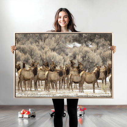 90269422-MGV-CV-36X24-Elk Herd Scene Wall Art Canvas Print, Framed Rustic Wildlife Decor Art Picture Print, Western Cabin Style Perfect Rustic Lodge