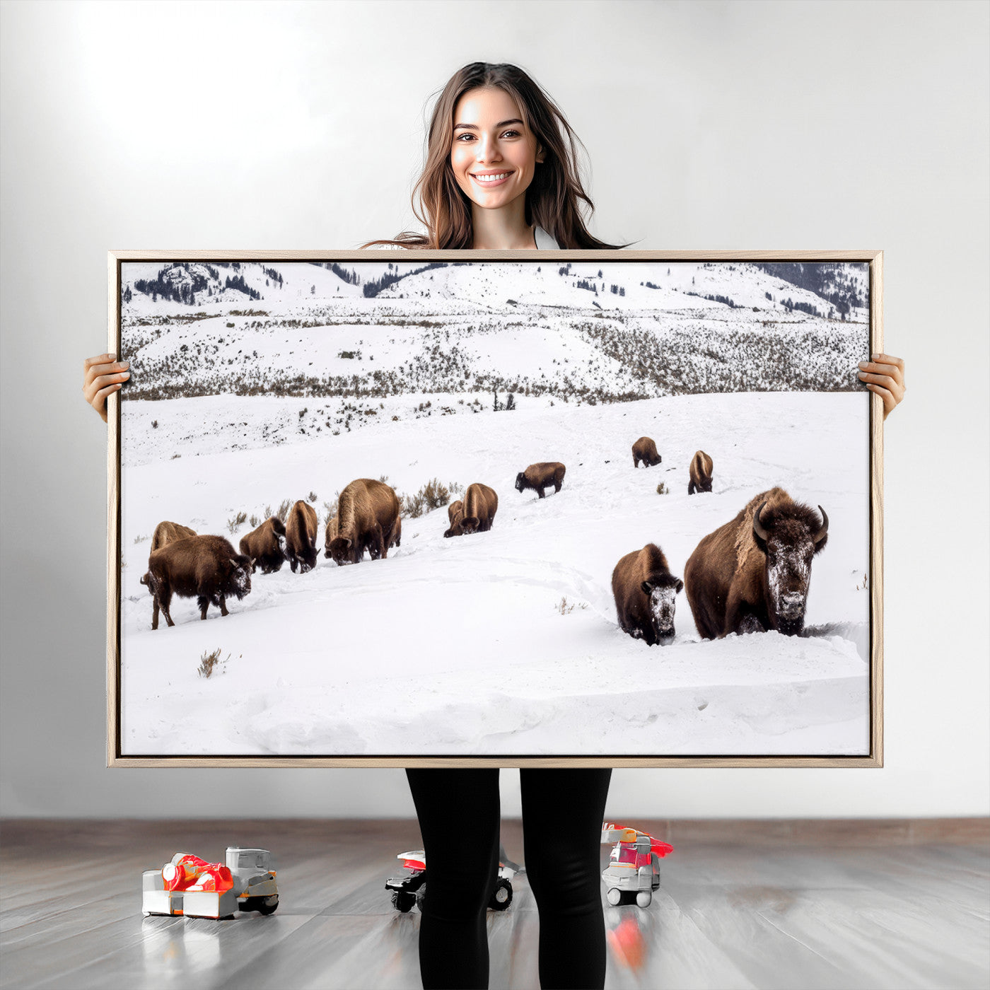 13891210-MGV-CV-36X24-Bison Herd Scene Wall Art Canvas Print, Framed Western Wildlife Decor Art Picture Print, Snowy Mountain Valley Perfect Rustic