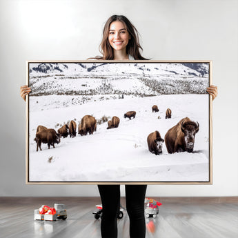 13891210-MGV-CV-36X24-Bison Herd Scene Wall Art Canvas Print, Framed Western Wildlife Decor Art Picture Print, Snowy Mountain Valley Perfect Rustic
