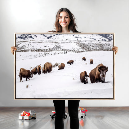 13891210-MGV-CV-36X24-Bison Herd Scene Wall Art Canvas Print, Framed Western Wildlife Decor Art Picture Print, Snowy Mountain Valley Perfect Rustic