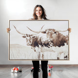 48161868-MGV-CV-36X24-Longhorn Cow Decor Wall Art Canvas Print, Framed Rustic Cattle Art Picture Print, Sepia Western Vibe Perfect Neutral Rustic