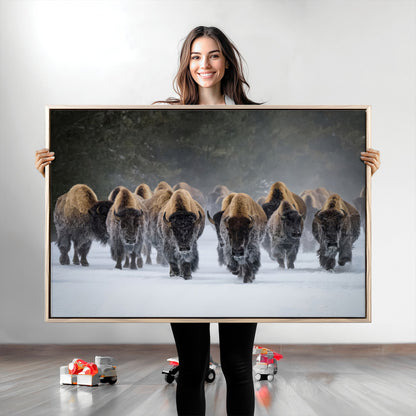 41669135-MGV-CV-36X24-Bison Herd Scene Wall Art Canvas Print, Framed Rustic Wildlife Decor Art Picture Print, Snowy Bison Landscape Perfect Rustic