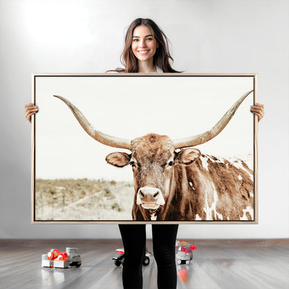 98924580-MGV-CV-36X24-Texas Longhorn Bull Wall Art Canvas Print, Framed Rustic Farmhouse Decor Art Picture Print, Western Animal Theme Perfect Rustic