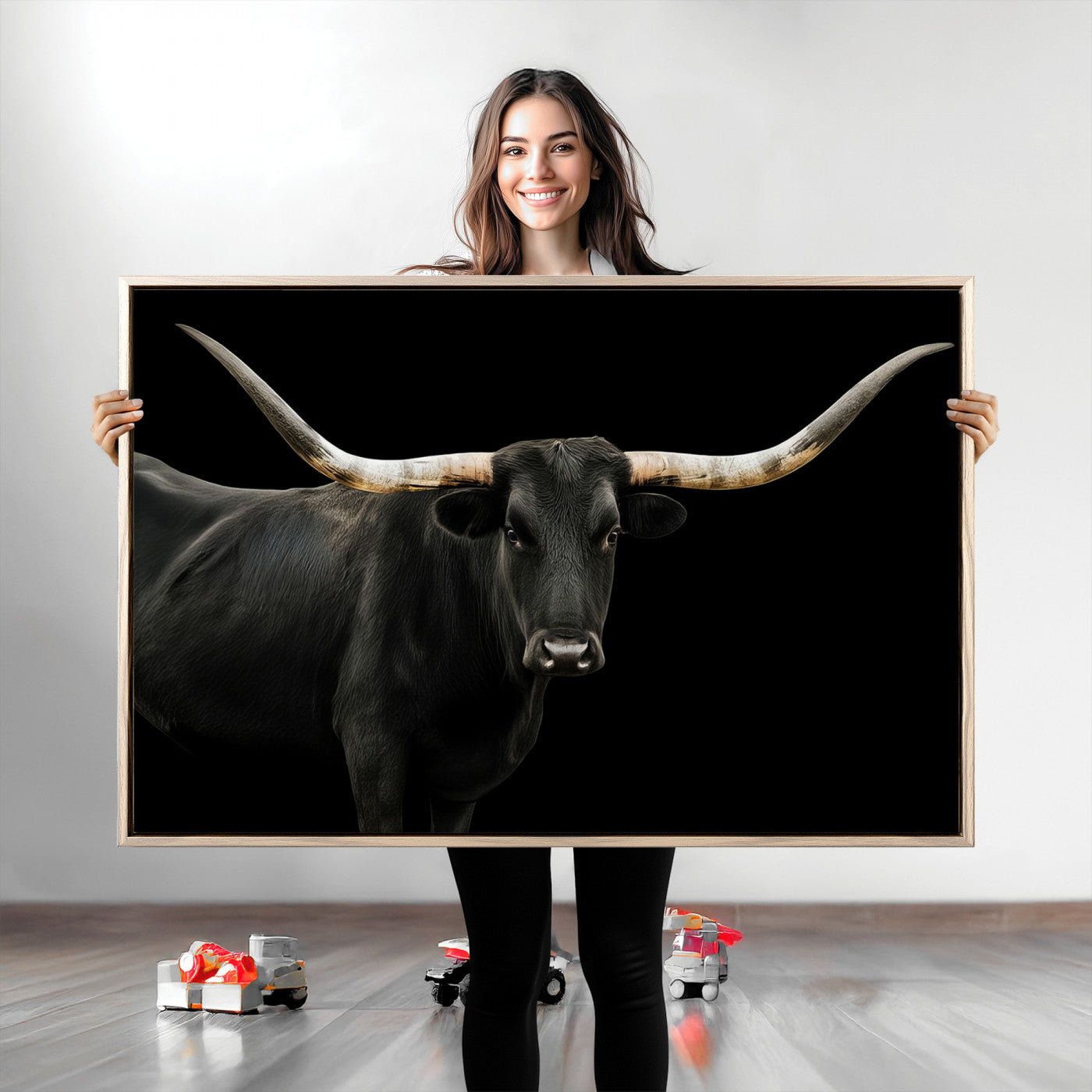 23572907-MGV-CV-36X24-Texas Longhorn Wall Art Canvas Print, Framed Rustic Western Decor Art Picture Print, Farmhouse Animal Perfect Modern Western