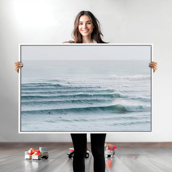 73969318-MGV-CV-36X24-Ocean Waves Wall Art Canvas Print, Framed Surfer Lineup Art Picture Print, Crowded Ocean Perfect Minimal Coastal Decor Artwork