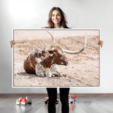 25407592-MGV-CV-36X24-Texas Longhorn Wall Art Canvas Print, Framed Resting Bull Art Picture Print, Spotted Cattle Perfect Rustic Western Decor Artwork