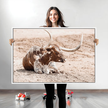 25407592-MGV-CV-36X24-Texas Longhorn Wall Art Canvas Print, Framed Resting Bull Art Picture Print, Spotted Cattle Perfect Rustic Western Decor Artwork