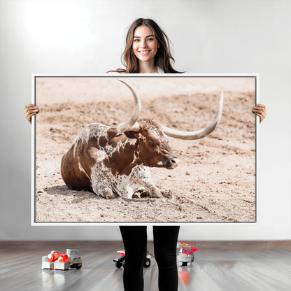25407592-MGV-CV-36X24-Texas Longhorn Wall Art Canvas Print, Framed Resting Bull Art Picture Print, Spotted Cattle Perfect Rustic Western Decor Artwork