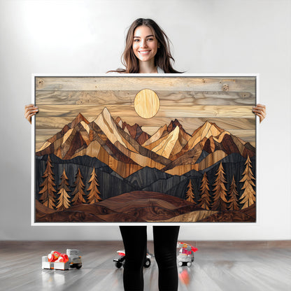 39116082-MGV-CV-36X24-Wood Mountain Landscape Wall Art Canvas Print, Framed Sunset Hills Art Picture Print, Abstract Nature Perfect Boho Decor Artwork