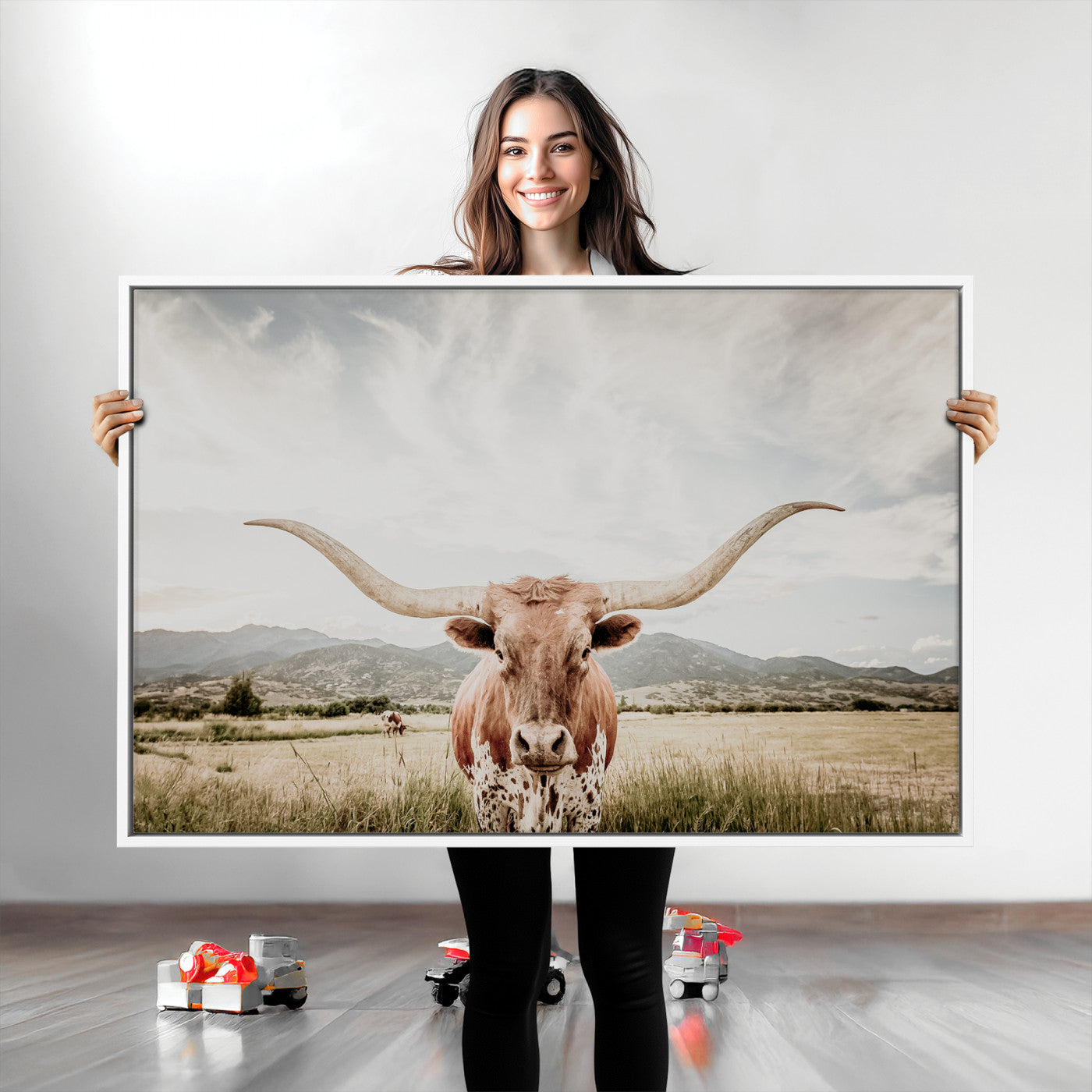 80054319-MGV-CV-36X24-Texas Longhorn Wall Art Canvas Print, Framed Western Cow Art Picture Print, Rustic Farmhouse Perfect Farmhouse Decor Artwork