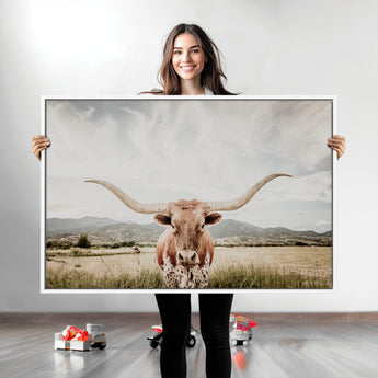 80054319-MGV-CV-36X24-Texas Longhorn Wall Art Canvas Print, Framed Western Cow Art Picture Print, Rustic Farmhouse Perfect Farmhouse Decor Artwork