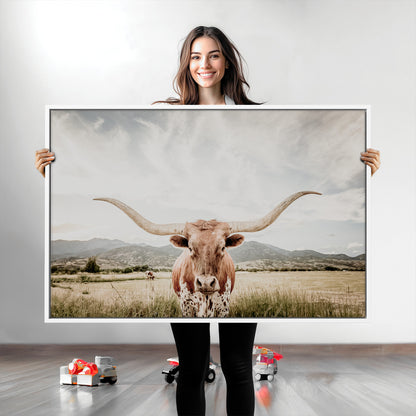 80054319-MGV-CV-36X24-Texas Longhorn Wall Art Canvas Print, Framed Western Cow Art Picture Print, Rustic Farmhouse Perfect Farmhouse Decor Artwork