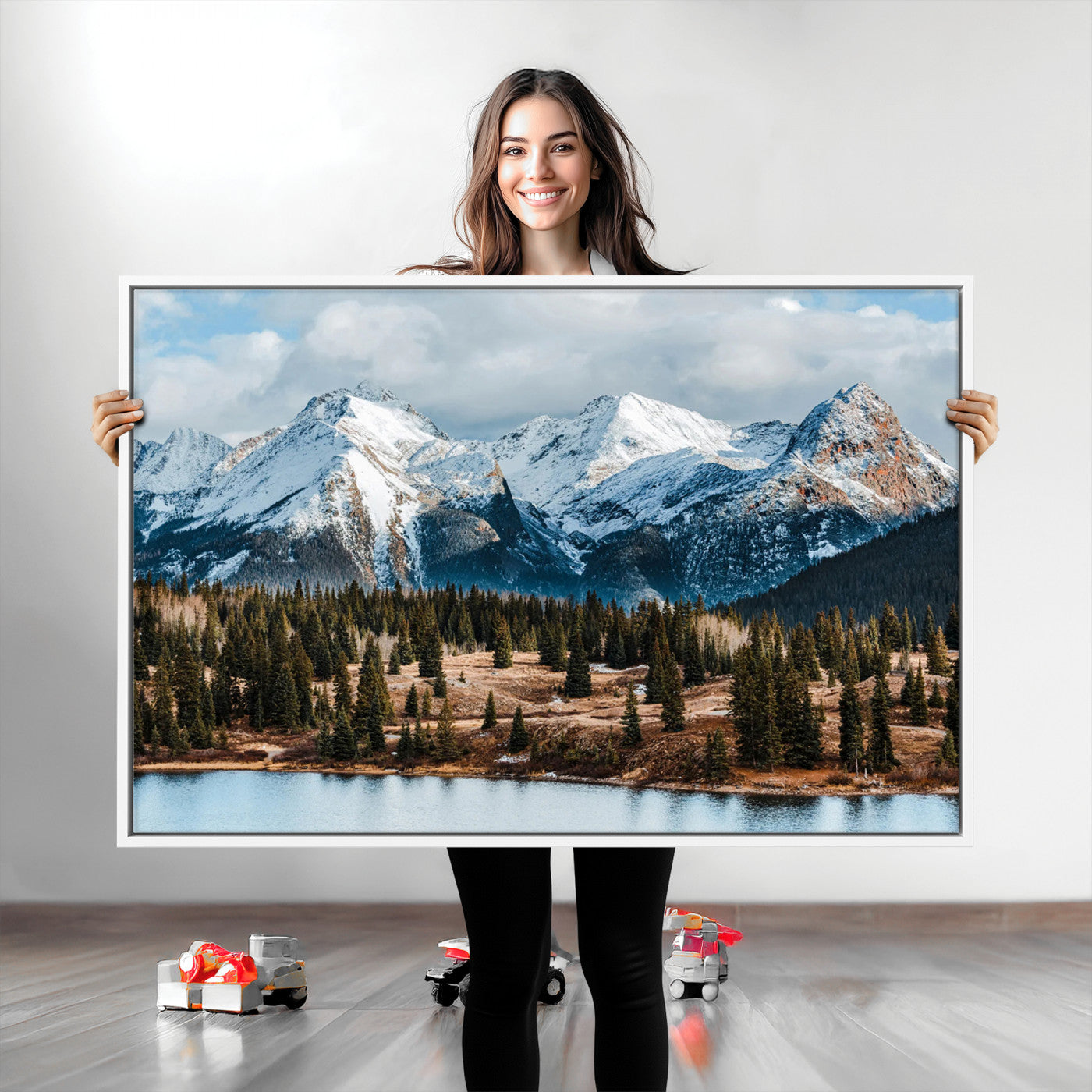 36247746-MGV-CV-36X24-Snowy Peaks Wall Art Canvas Print, Framed Alpine Lake Art Picture Print, Pine Forest Perfect Alpine Wilderness Decor Artwork