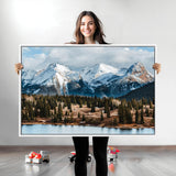 36247746-MGV-CV-36X24-Snowy Peaks Wall Art Canvas Print, Framed Alpine Lake Art Picture Print, Pine Forest Perfect Alpine Wilderness Decor Artwork