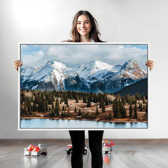 36247746-MGV-CV-36X24-Snowy Peaks Wall Art Canvas Print, Framed Alpine Lake Art Picture Print, Pine Forest Perfect Alpine Wilderness Decor Artwork