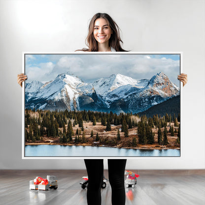 36247746-MGV-CV-36X24-Snowy Peaks Wall Art Canvas Print, Framed Alpine Lake Art Picture Print, Pine Forest Perfect Alpine Wilderness Decor Artwork