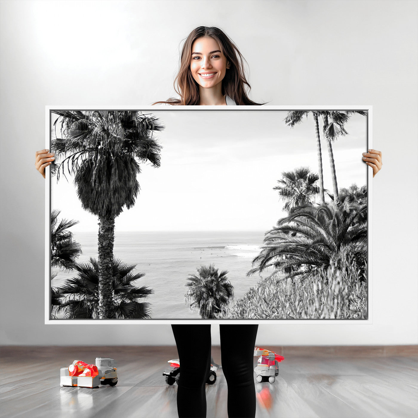 89458520-MGV-CV-36X24-Palm Trees Wall Art Canvas Print, Framed Coastal View Art Picture Print, Ocean Horizon Perfect Monochrome Coast Decor Artwork
