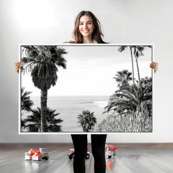 89458520-MGV-CV-36X24-Palm Trees Wall Art Canvas Print, Framed Coastal View Art Picture Print, Ocean Horizon Perfect Monochrome Coast Decor Artwork