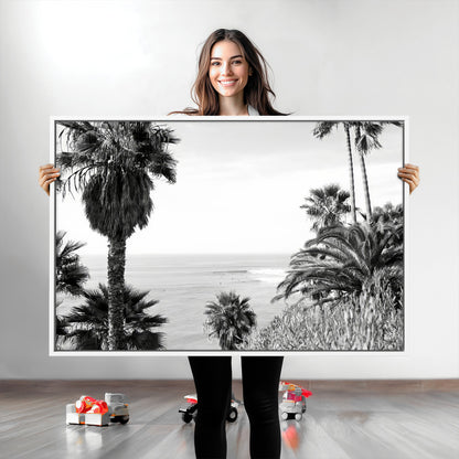 89458520-MGV-CV-36X24-Palm Trees Wall Art Canvas Print, Framed Coastal View Art Picture Print, Ocean Horizon Perfect Monochrome Coast Decor Artwork