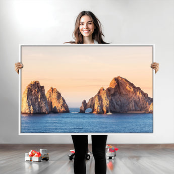 72996116-MGV-CV-36X24-El Arco Wall Art Canvas Print, Framed Cabo Rocks Art Picture Print, Ocean Arch Perfect Golden Coastal Landmark Decor Artwork