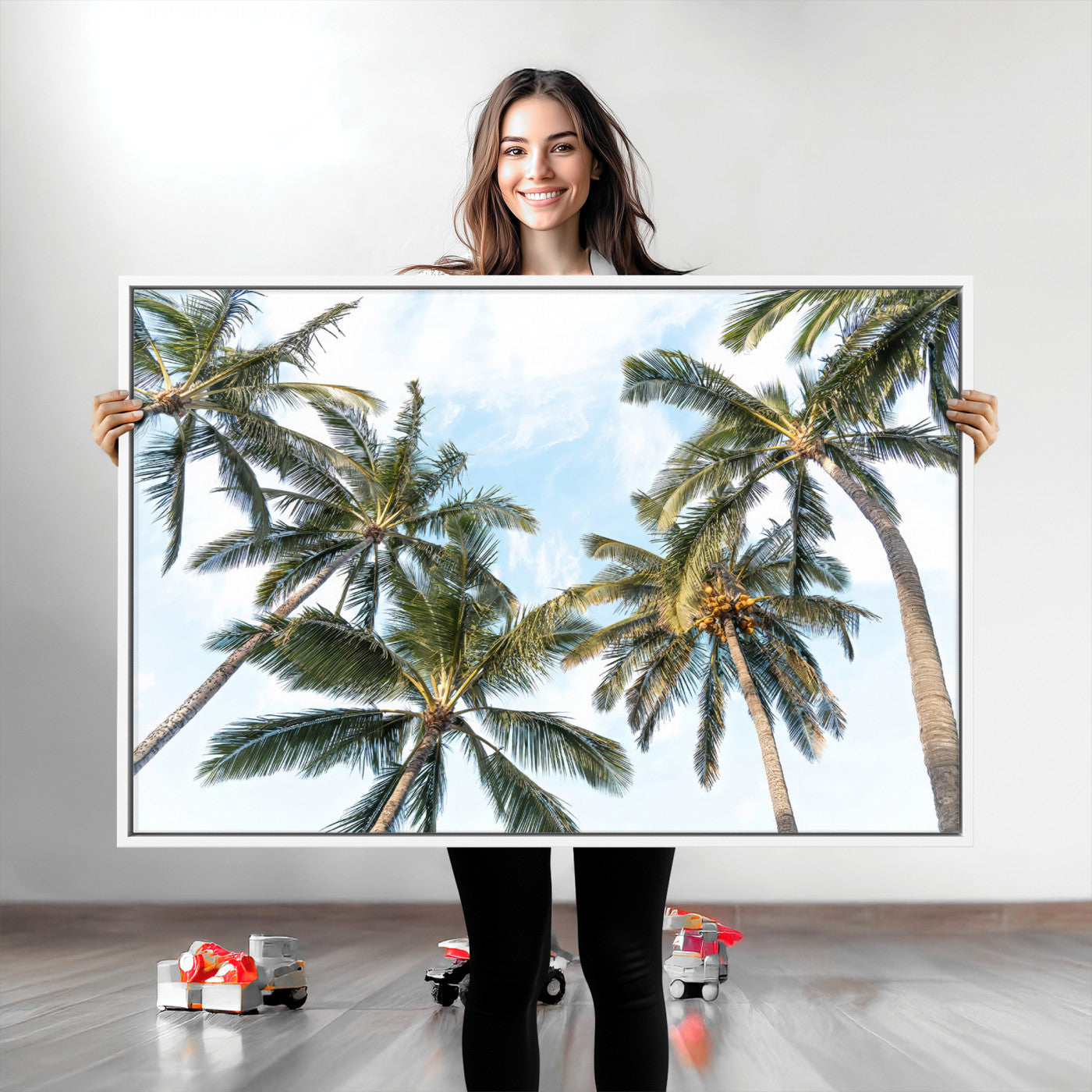 87247012-MGV-CV-36X24-Skyward Palm Trees Wall Art Canvas Print, Framed Tropical Sky Art Picture Print, Coconut Palm Perfect Tropical Skyview Decor
