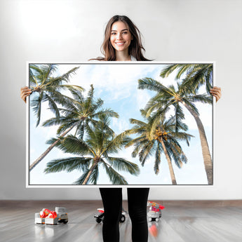 87247012-MGV-CV-36X24-Skyward Palm Trees Wall Art Canvas Print, Framed Tropical Sky Art Picture Print, Coconut Palm Perfect Tropical Skyview Decor