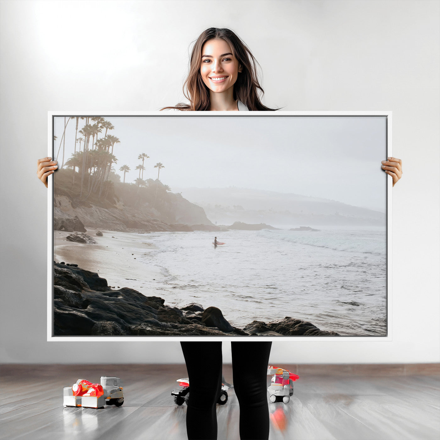 62501405-MGV-CV-36X24-Misty Beach Wall Art Canvas Print, Framed California Surfer Art Picture Print, Coastal Cliff Perfect Coastal Beach Decor Artwork