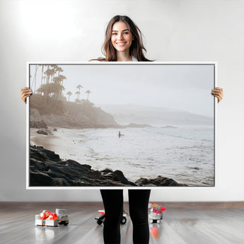 62501405-MGV-CV-36X24-Misty Beach Wall Art Canvas Print, Framed California Surfer Art Picture Print, Coastal Cliff Perfect Coastal Beach Decor Artwork