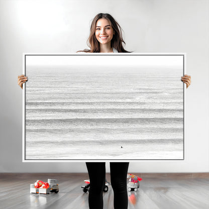 66534476-MGV-CV-36X24-Lone Surfer Wall Art Canvas Print, Framed Ocean Waves Art Picture Print, Minimal Sea Perfect Minimal Coastal Decor Artwork