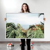 45700479-MGV-CV-36X24-Monstera Leaves Wall Art Canvas Print, Framed Tropical Ocean Art Picture Print, Tropical Foliage Perfect Tropical Coastal Jungle