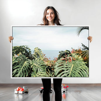 45700479-MGV-CV-36X24-Monstera Leaves Wall Art Canvas Print, Framed Tropical Ocean Art Picture Print, Tropical Foliage Perfect Tropical Coastal Jungle