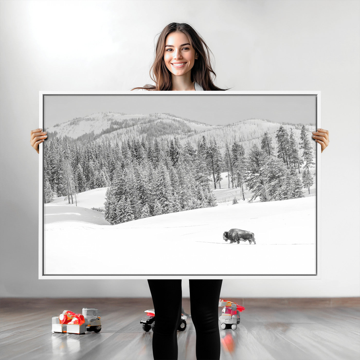 68081143-MGV-CV-36X24-Snowy Bison Wall Art Canvas Print, Framed Winter Forest Art Picture Print, Lone Bison Perfect Monochrome Winter Wild Decor Artwork