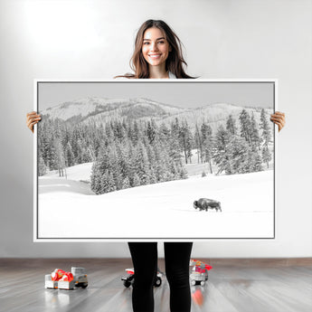 68081143-MGV-CV-36X24-Snowy Bison Wall Art Canvas Print, Framed Winter Forest Art Picture Print, Lone Bison Perfect Monochrome Winter Wild Decor Artwork