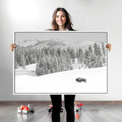 68081143-MGV-CV-36X24-Snowy Bison Wall Art Canvas Print, Framed Winter Forest Art Picture Print, Lone Bison Perfect Monochrome Winter Wild Decor Artwork