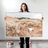 97234735-MGV-CV-36X24-Rustic Bones Wall Art Canvas Print, Framed Desert Sage Art Picture Print, Prairie Skull Perfect Minimal Rustic Decor Artwork