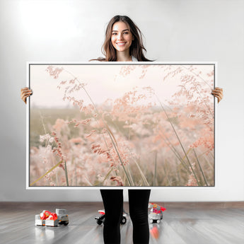 79164340-MGV-CV-36X24-Pastel Grasses Wall Art Canvas Print, Framed Soft Meadow Art Picture Print, Field in Breeze Perfect Pastel Minimal Decor Artwork