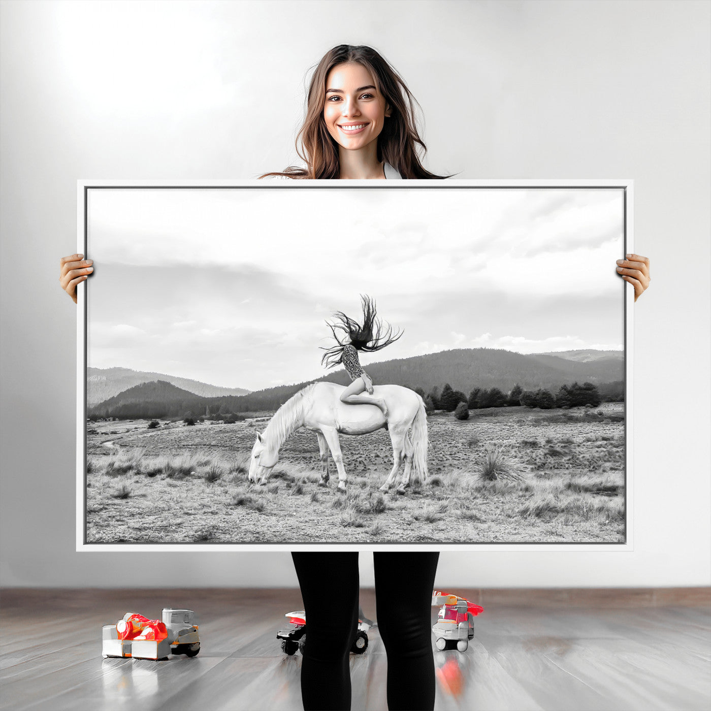 62789800-MGV-CV-36X24-White Horse Wall Art Canvas Print, Framed Woman Rider Art Picture Print, Equestrian Pose Perfect Western Boho Decor Artwork