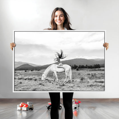 62789800-MGV-CV-36X24-White Horse Wall Art Canvas Print, Framed Woman Rider Art Picture Print, Equestrian Pose Perfect Western Boho Decor Artwork