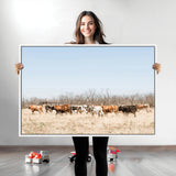 16563092-MGV-CV-36X24-Texas Longhorns Wall Art Canvas Print, Framed Western Cattles Art Picture Print, Rustic Herd Perfect Rustic Farmhouse Decor