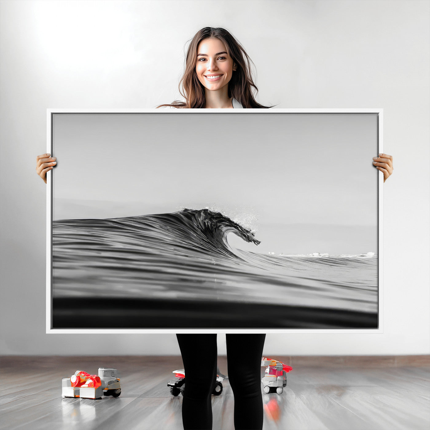 24029476-MGV-CV-36X24-Black Wave Wall Art Canvas Print, Framed Abstract Surf Art Picture Print, Minimalist Ocean Perfect Minimalist Coastal Decor