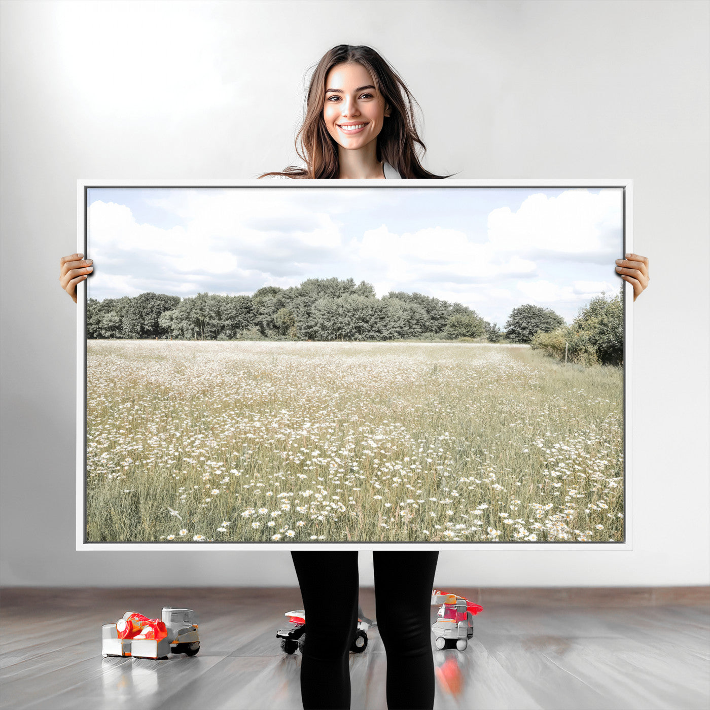 43258946-MGV-CV-36X24-Daisy Field Wall Art Canvas Print, Framed Pastel Flower Art Picture Print, Meadow Bloom Perfect Scandinavian Minimalist Decor