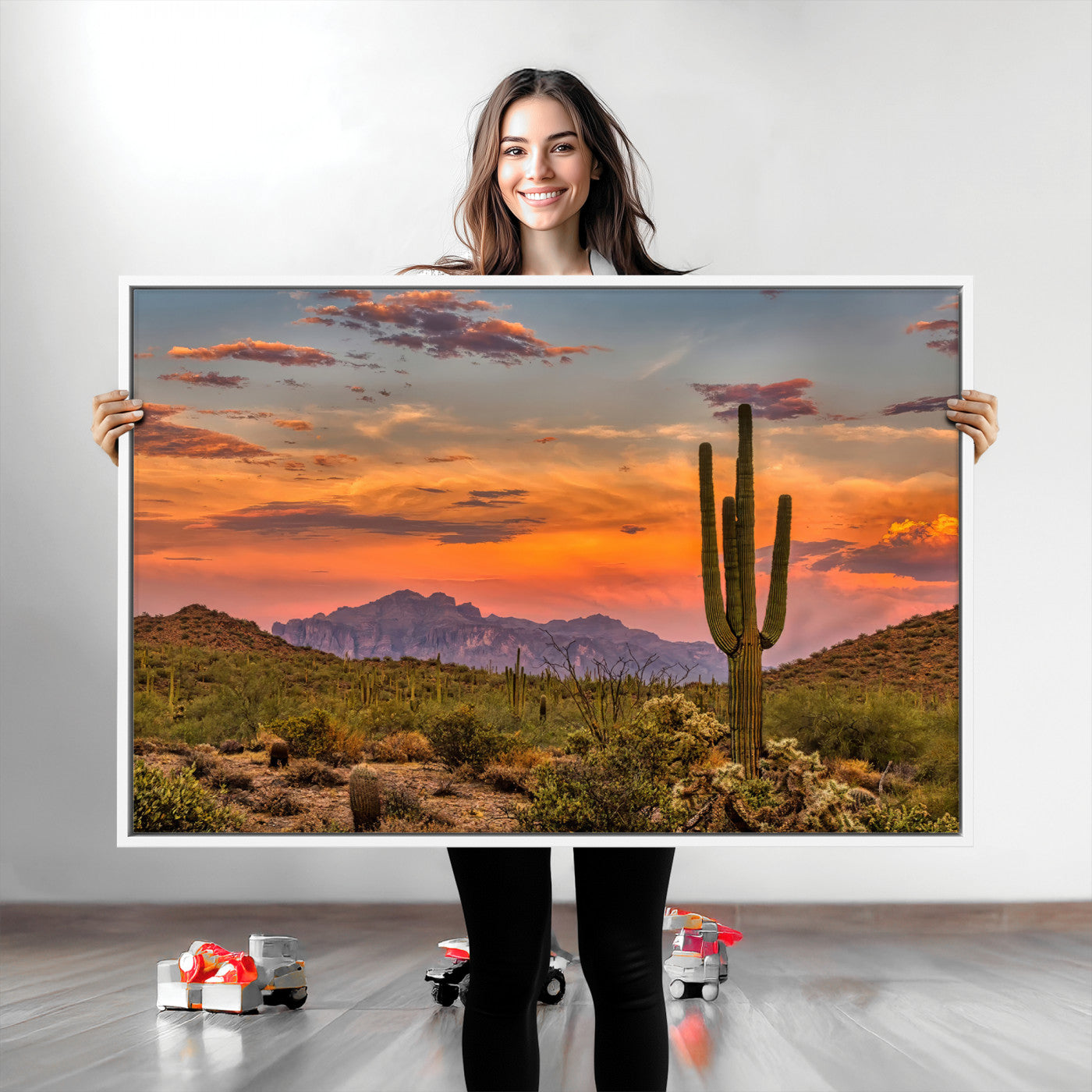 25332783-MGV-CV-36X24-Saguaro Cactus Wall Art Canvas Print, Framed Arizona Sunset Art Picture Print, Sonoran Desert Perfect Southwestern Boho Decor