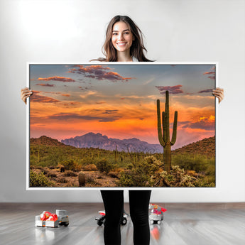 25332783-MGV-CV-36X24-Saguaro Cactus Wall Art Canvas Print, Framed Arizona Sunset Art Picture Print, Sonoran Desert Perfect Southwestern Boho Decor