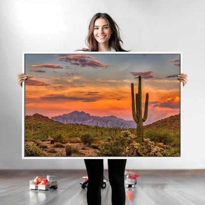 25332783-MGV-CV-36X24-Saguaro Cactus Wall Art Canvas Print, Framed Arizona Sunset Art Picture Print, Sonoran Desert Perfect Southwestern Boho Decor