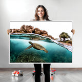 44200301-MGV-CV-36X24-Sea Turtle Swim Wall Art Canvas Print, Framed Ocean Life Art Picture Print, Tropical Shoreline Perfect Tropical Coastal Decor