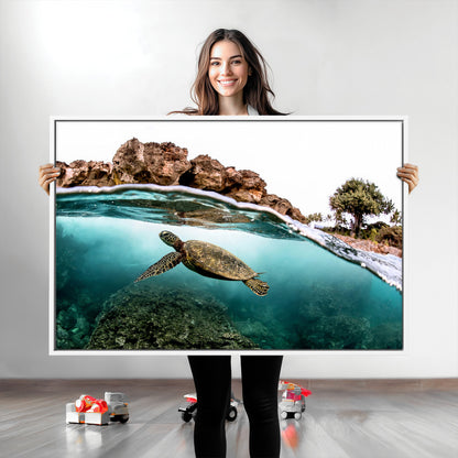 44200301-MGV-CV-36X24-Sea Turtle Swim Wall Art Canvas Print, Framed Ocean Life Art Picture Print, Tropical Shoreline Perfect Tropical Coastal Decor