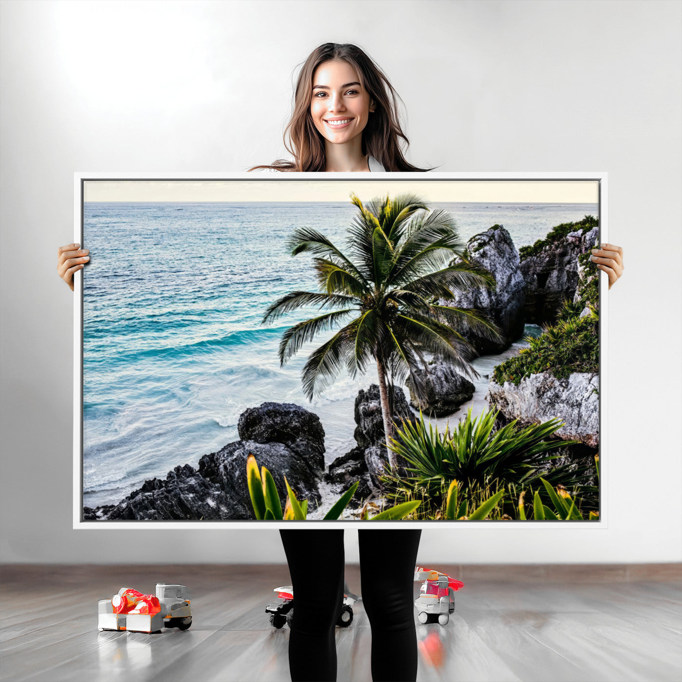 94669907-MGV-CV-36X24-Tropical Coastline Wall Art Canvas Print, Framed Palm Tree Art Picture Print, Rocky Beach Perfect Tropical Coastal Decor Artwork